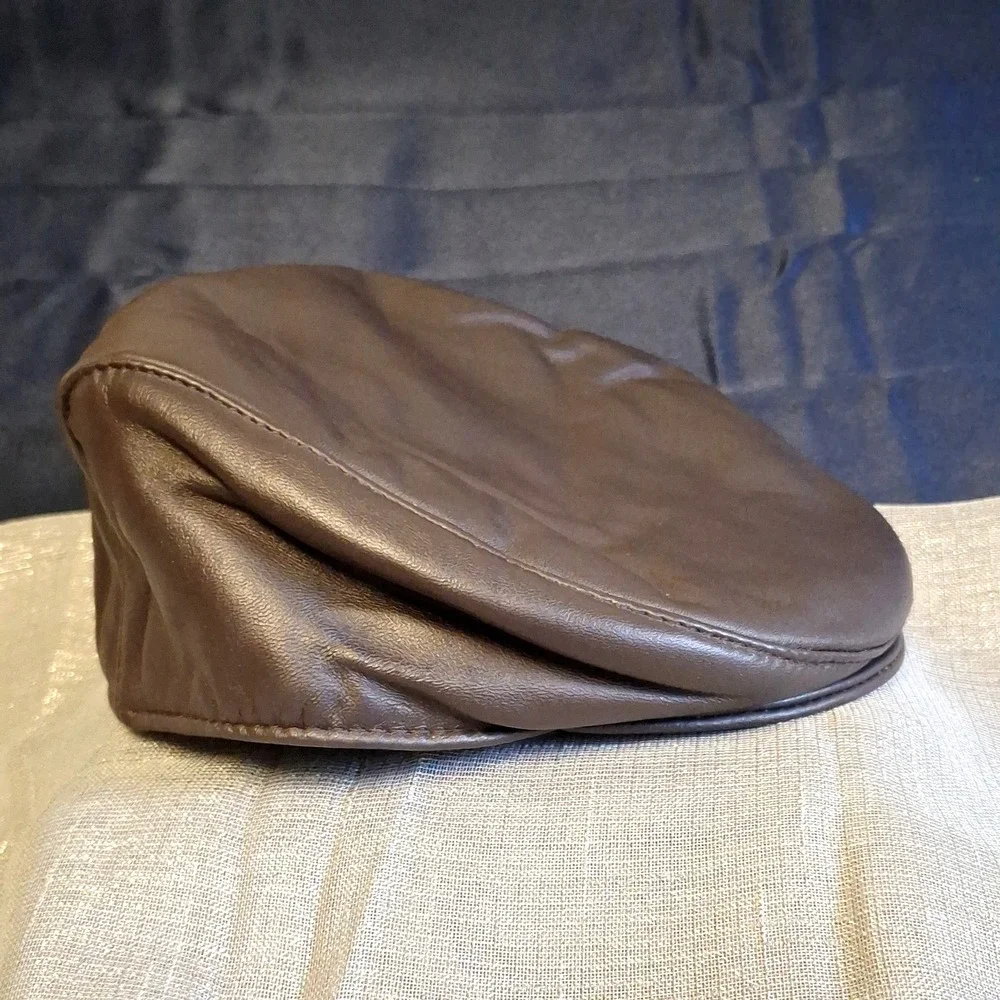 Vintage Newsboy Brown Leather Hat Cap Fitted L XL Peaky Flat Cap Cab Driver Mens